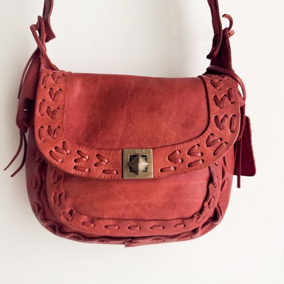 Vintage Zara Leather Whipstitch Boho Oval Saddle bag - Picture 4 of 11